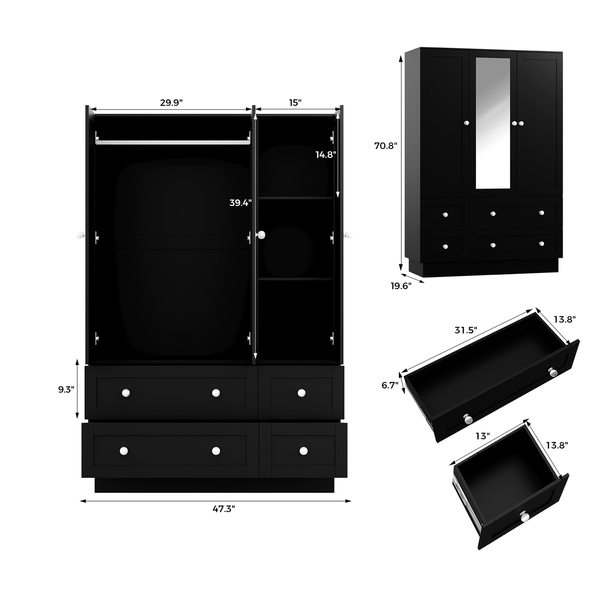 MONROE 47.3" W Mirrored Wardrobe with LED Lights